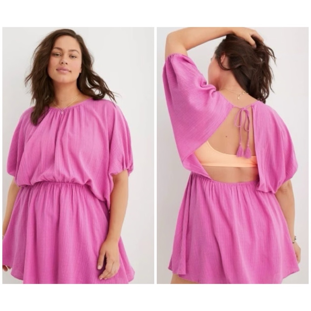 Aerie Golden Hour Cover Up Dress Womens M Pink Gauzy Open Back Puff Sleeve